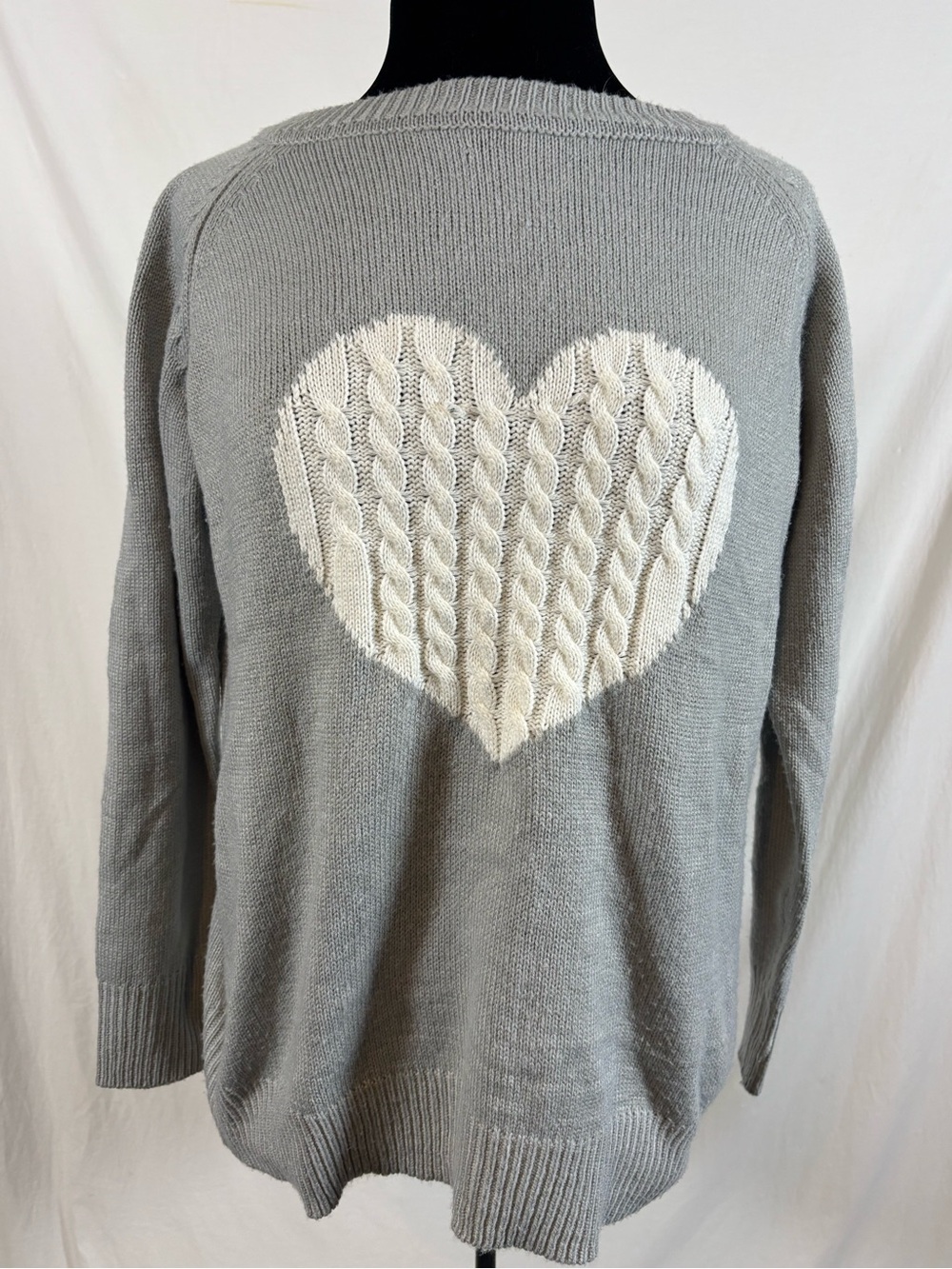 Women’s Gray Cable Knit Heart Sweater Oversized Cottagecore Cozy Preppy Romantic